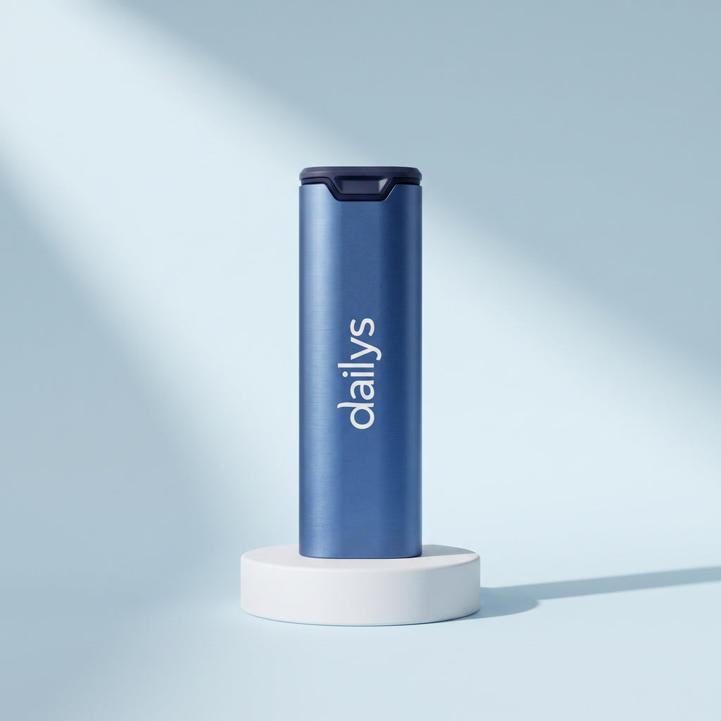 The Dailys Pill Box in blue, standing upright