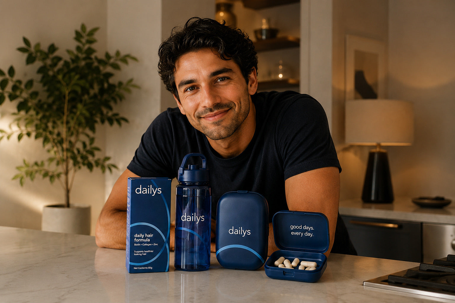 A dailys customer at home with the daily hair formula kit
